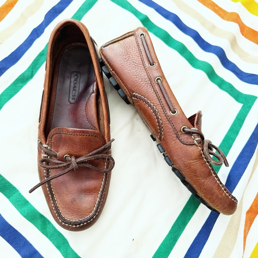 Coach Brown Tan Leather Flats with Bow Detail